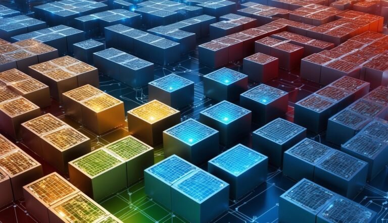 Abstract image of a data center with glowing, colorful server blocks