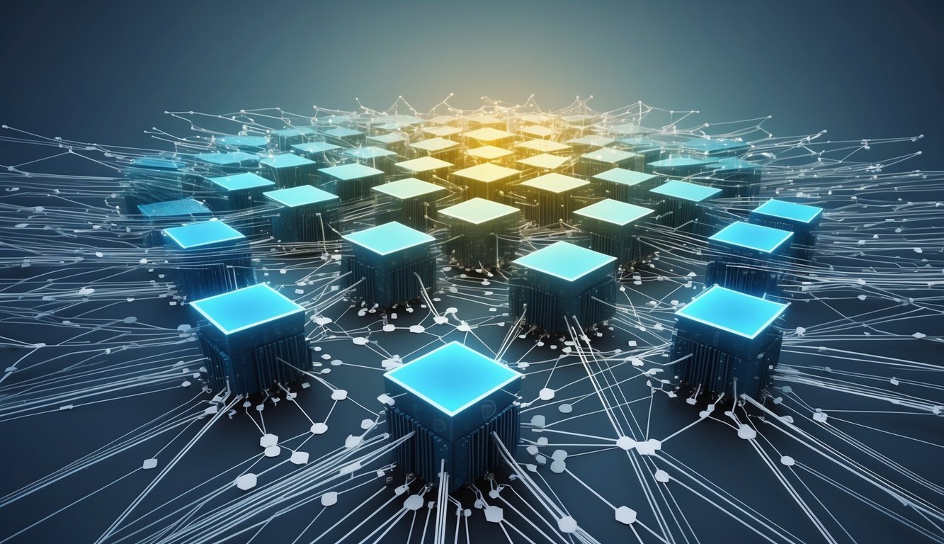 A network of interconnected blocks splitting into smaller, interconnected blocks to represent the concept of sharding in blockchain technology