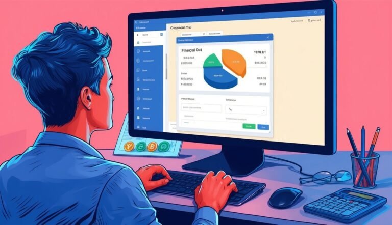 Man working on computer with financial data and pie chart on screen