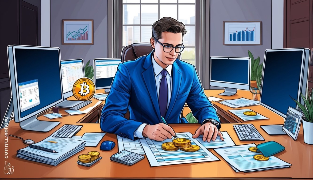 A person sitting at a desk, surrounded by computer screens and paperwork, entering cryptocurrency transactions into tax software