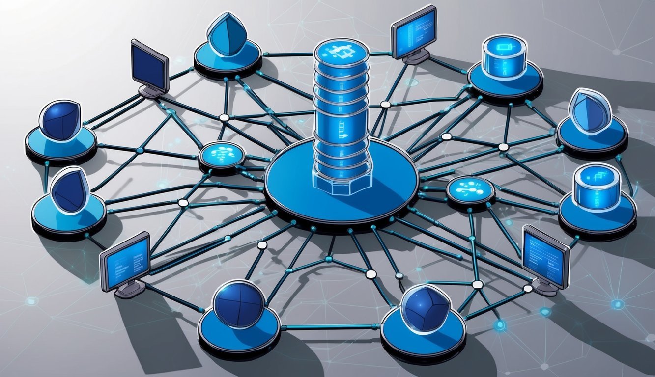 A network of interconnected nodes, each representing a different participant in a blockchain system, exchanging data and verifying transactions