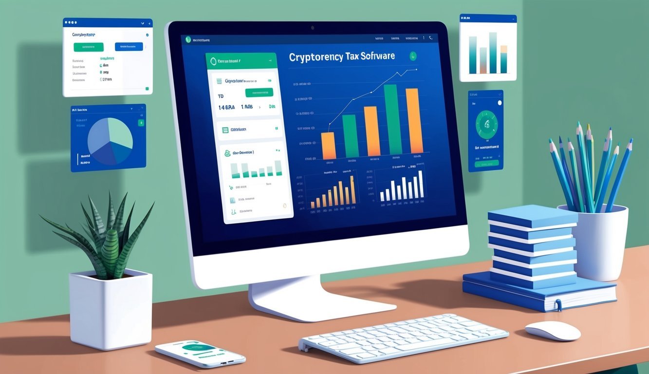 A computer screen displaying cryptocurrency tax software with a user interface, charts, and data input fields