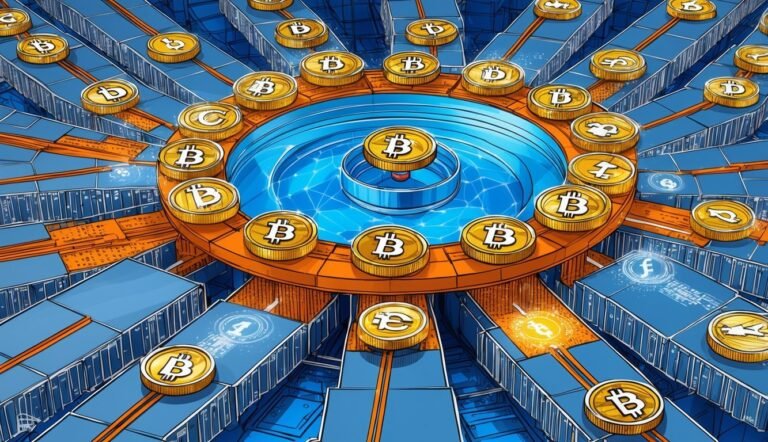 Bitcoin coins and other crypto symbols connected to a central hub