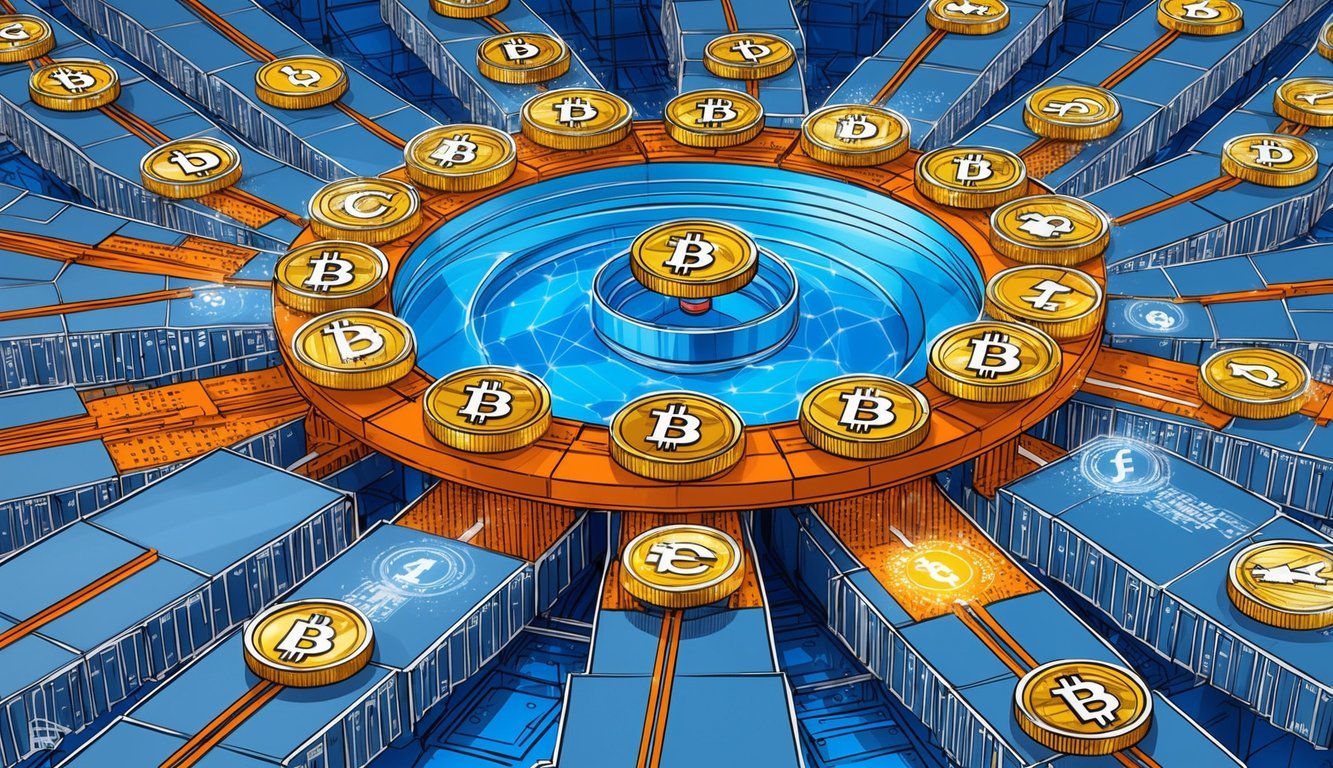 A network of interconnected blocks with various digital currencies flowing into a central pool, creating a yield aggregation system