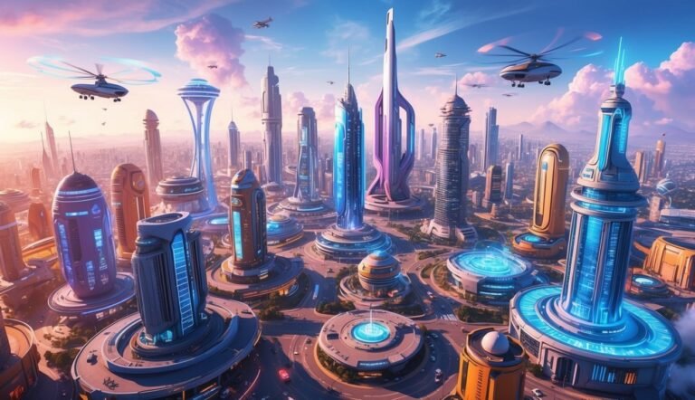 Futuristic city with tall, modern buildings, flying vehicles, and circular platforms