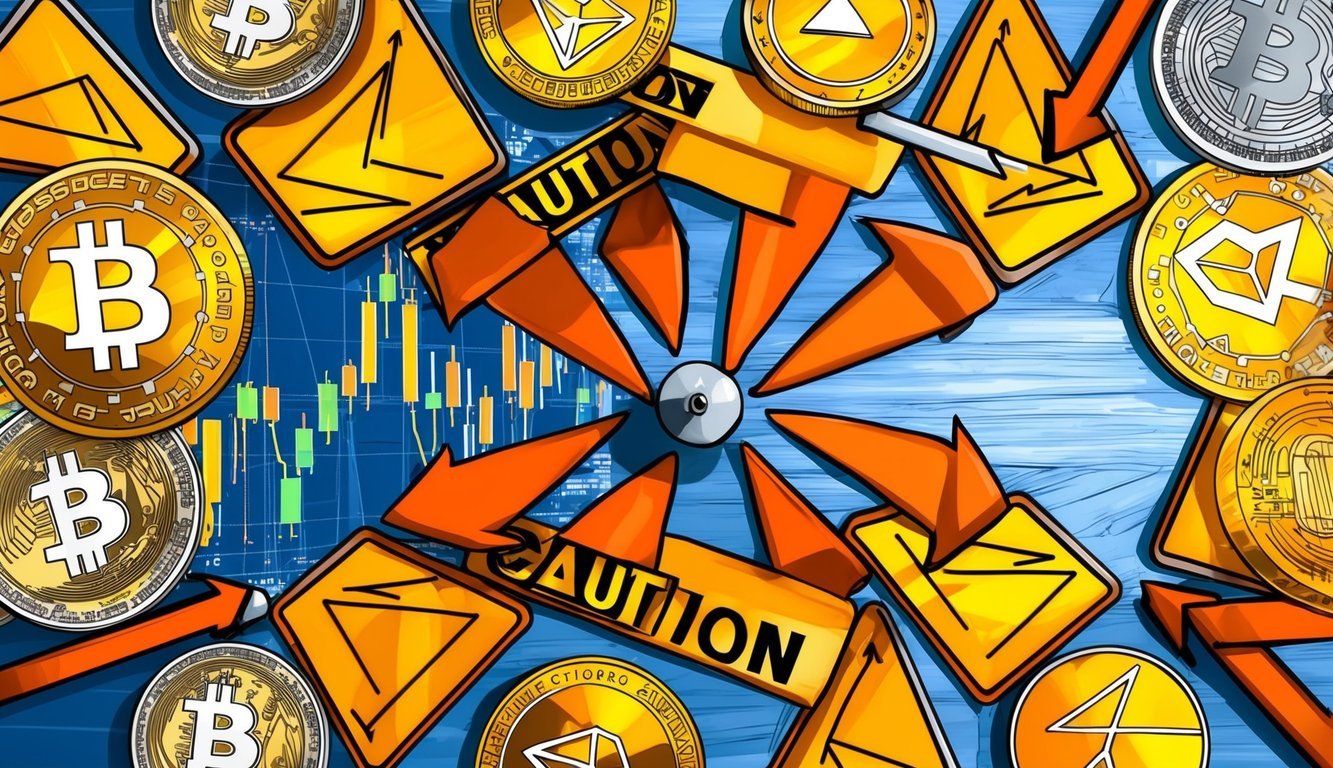 A collection of various cryptocurrency symbols and charts surrounded by caution signs and arrows pointing to a central point