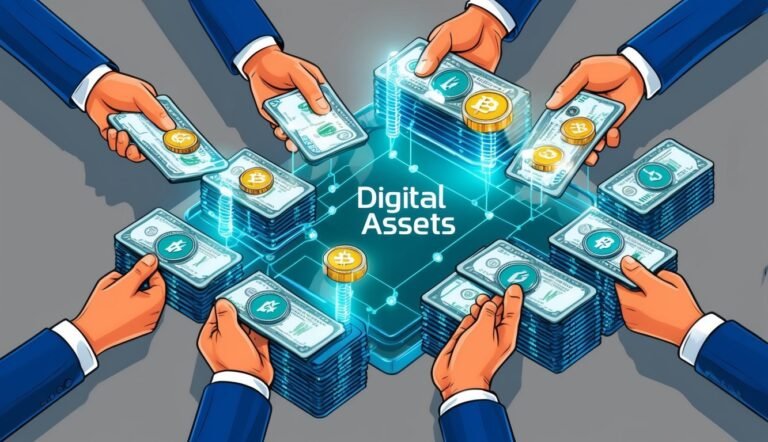 Hands holding money and crypto coins around a digital assets graphic