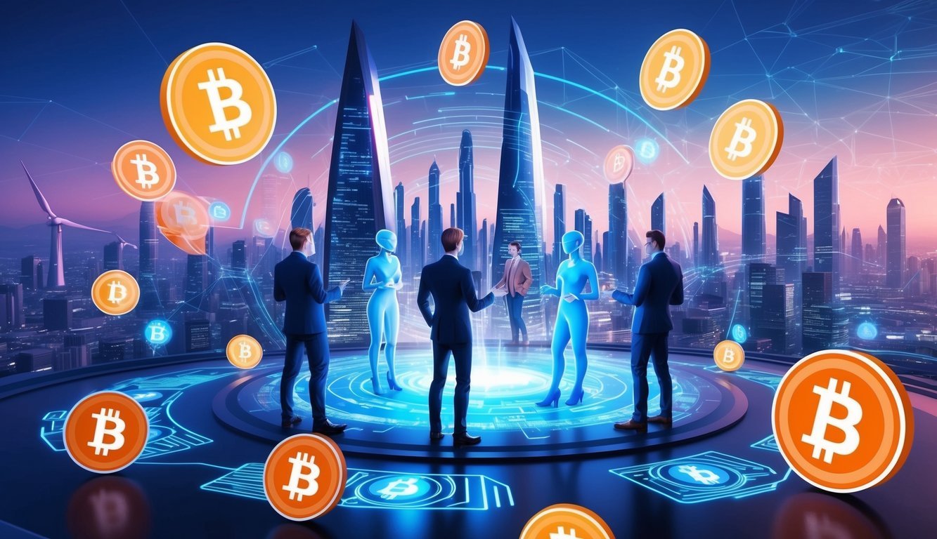 A futuristic cityscape with digital avatars interacting in a virtual environment, surrounded by cryptocurrency symbols and blockchain technology