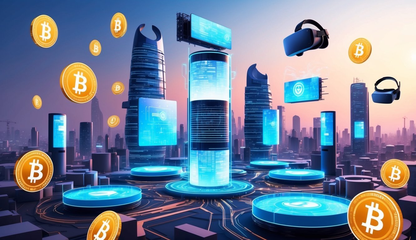 A futuristic cityscape with digital billboards and floating holographic displays, surrounded by virtual reality headsets and cryptocurrency symbols