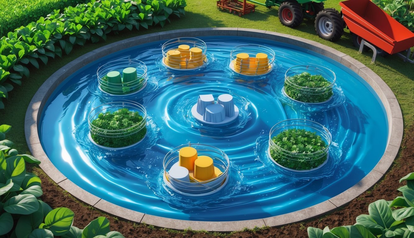 A group of digital assets swirling in a pool of water, surrounded by lush green plants and farm equipment