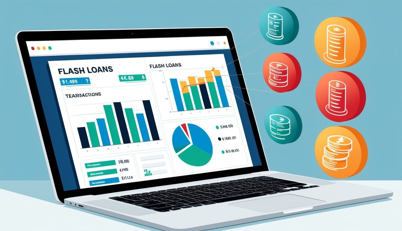 A computer screen displaying a series of financial transactions and data charts related to flash loans