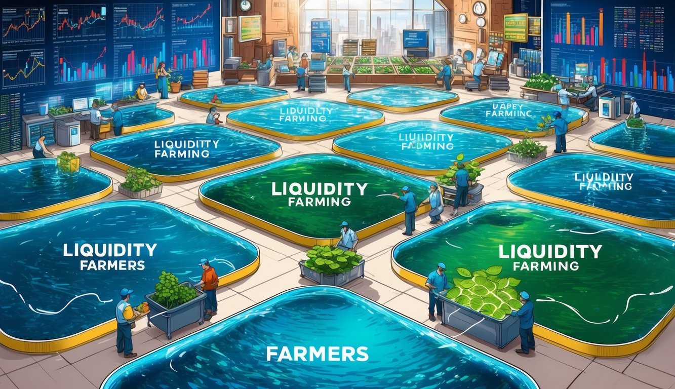 A vibrant, bustling marketplace with various pools of water representing different liquidity farming opportunities.</p><p>Traders and farmers engage in transactions and exchanges, surrounded by charts and data