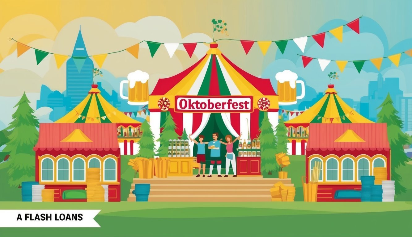 A lively Oktoberfest celebration with traditional beer tents and colorful decorations.</p><p>A diagram showing the process of flash loans in a financial setting