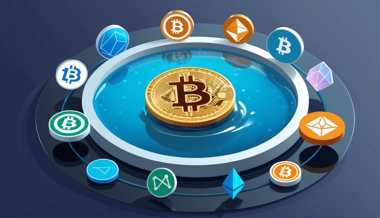 A group of various cryptocurrency symbols and icons surrounded by a pool of liquid representing liquidity pool farming