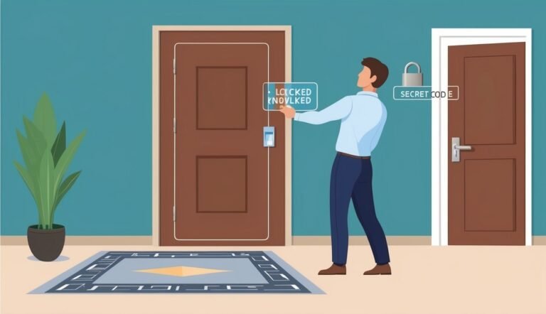 Man unlocking a door with "locked" message, another door with "secret code"