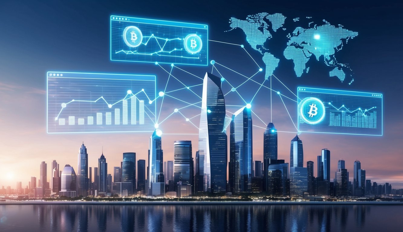 A futuristic city skyline with interconnected digital graphs and charts hovering in the air, symbolizing the complex world of crypto arbitrage