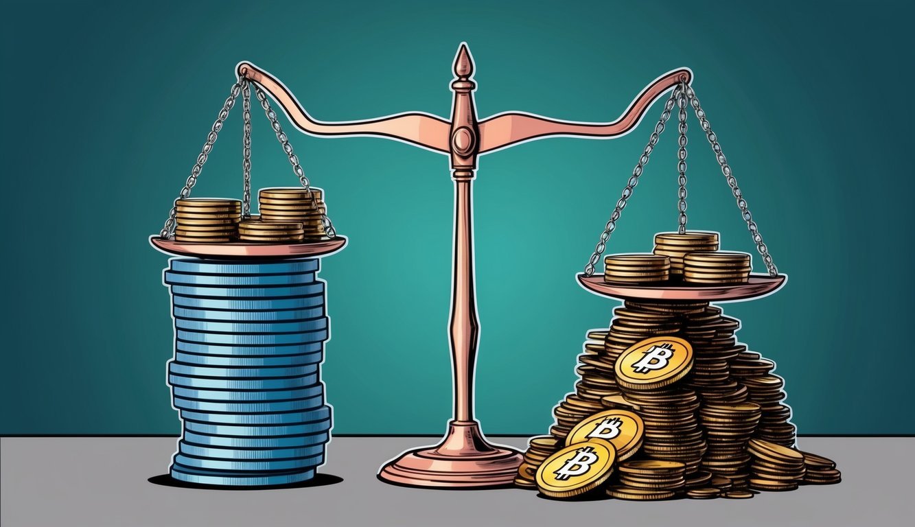 A scale balancing a stack of stablecoins against a pile of potential risks and considerations