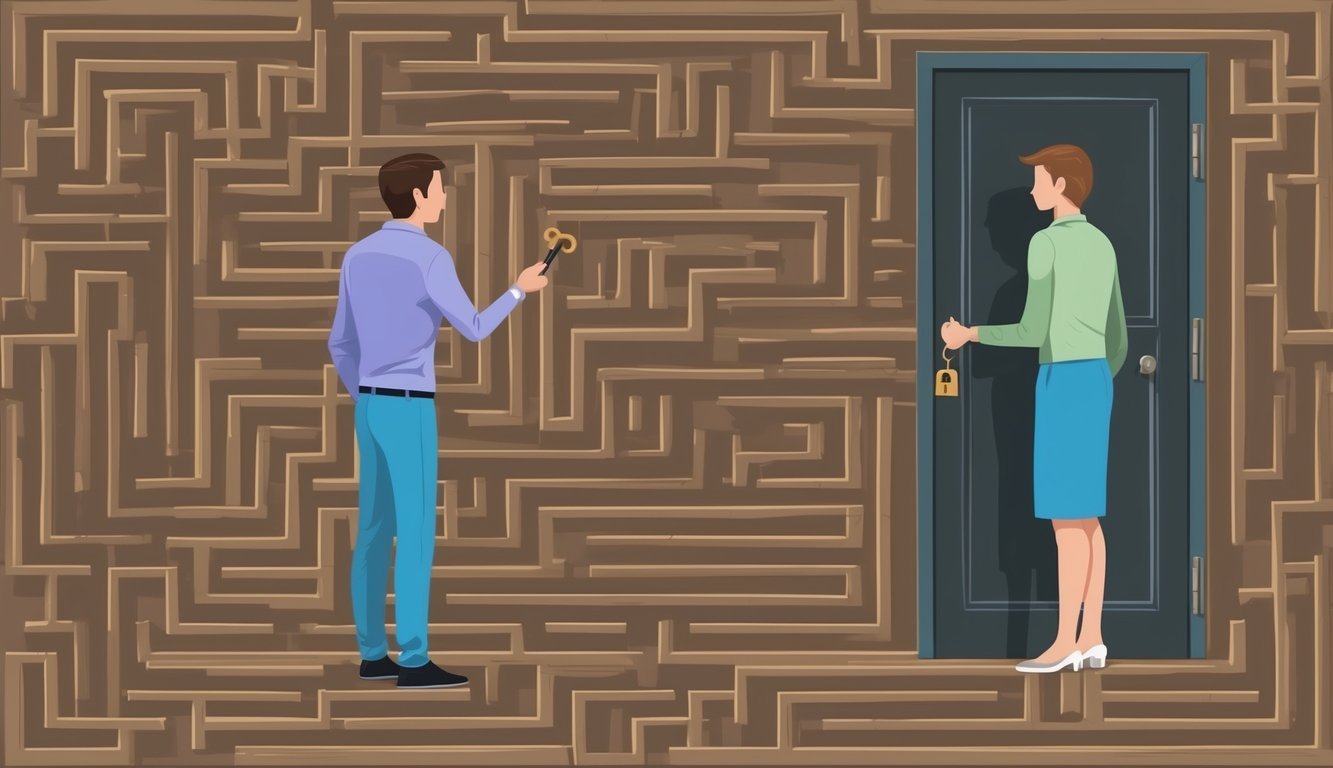 A maze with a locked door and a person on one side, holding a key while another person on the other side waits