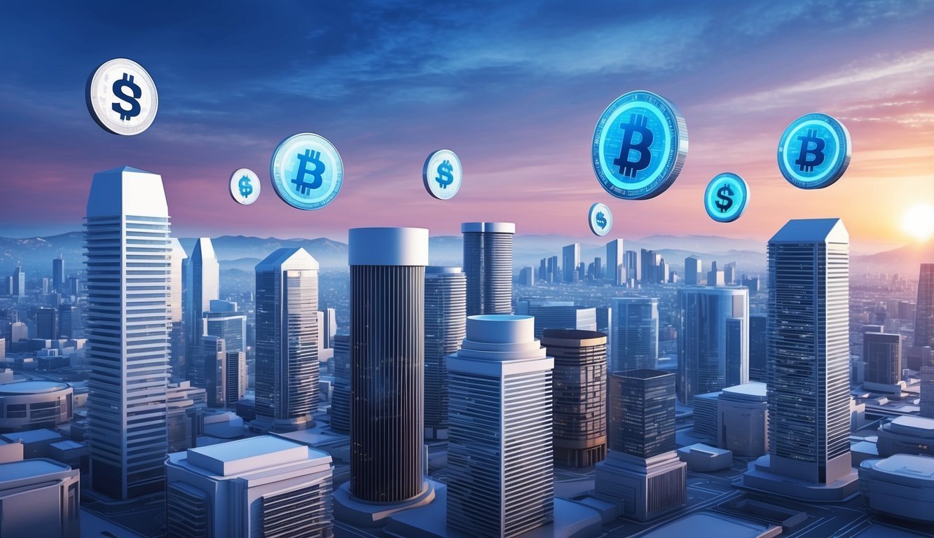 A futuristic cityscape with digital currency symbols floating above buildings, representing the risks and considerations of stablecoins in the future landscape