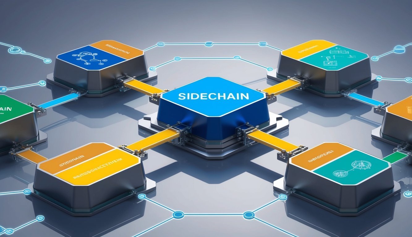 Several interconnected blocks representing sidechains branching off from a main blockchain.</p><p>Each sidechain is labeled with different functionalities and applications