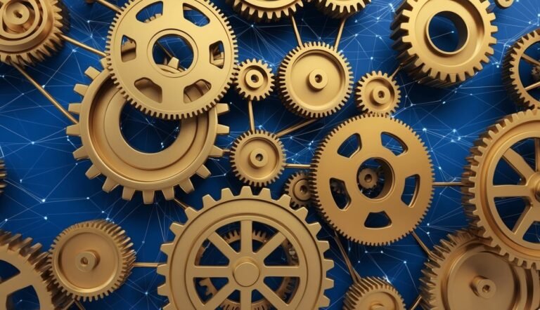 Golden gears interconnected on a blue background with a network pattern
