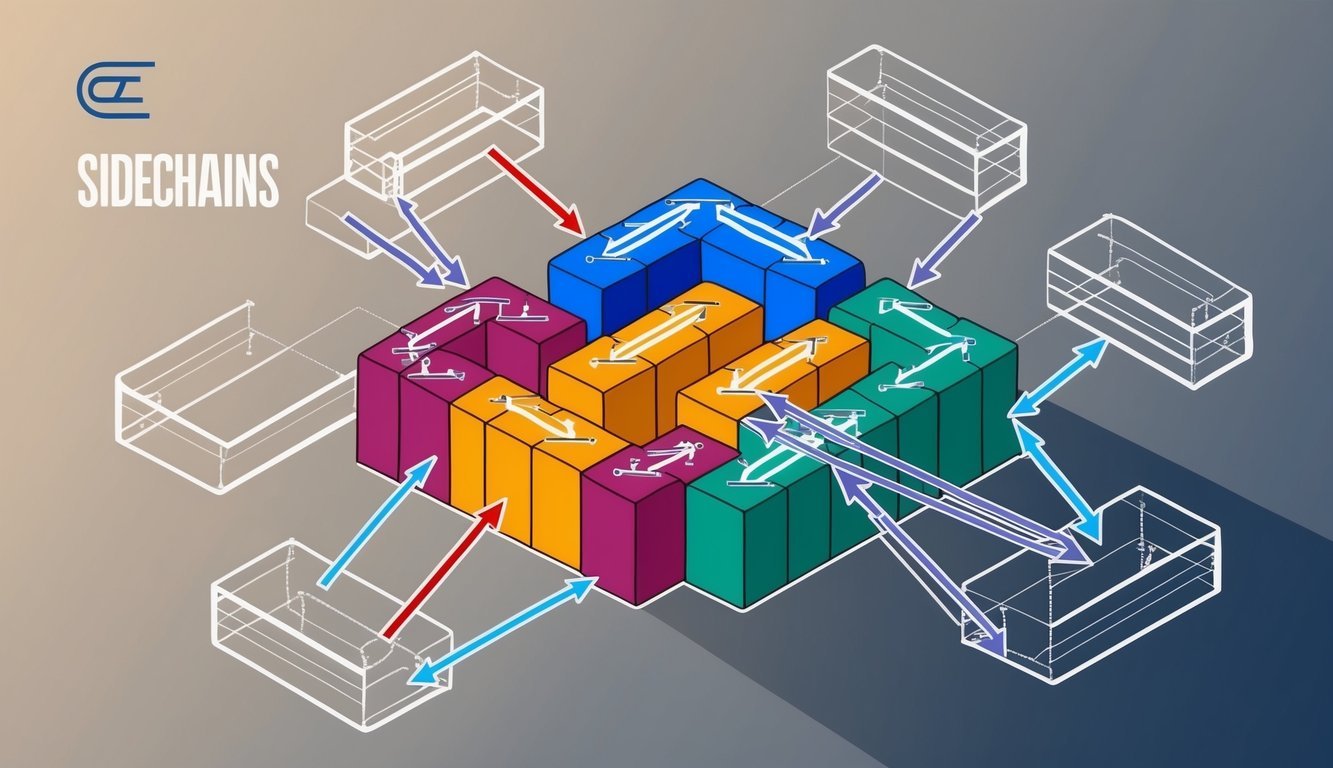 A network of interconnected blocks with arrows pointing to and from each block, representing the concept of sidechains