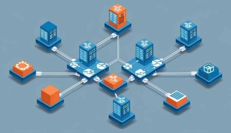 Isometric illustration of a network of servers and data centers connected