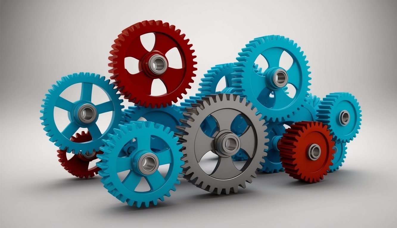 A group of interconnected gears turning in unison, symbolizing the coordination and cooperation involved in achieving consensus mechanisms