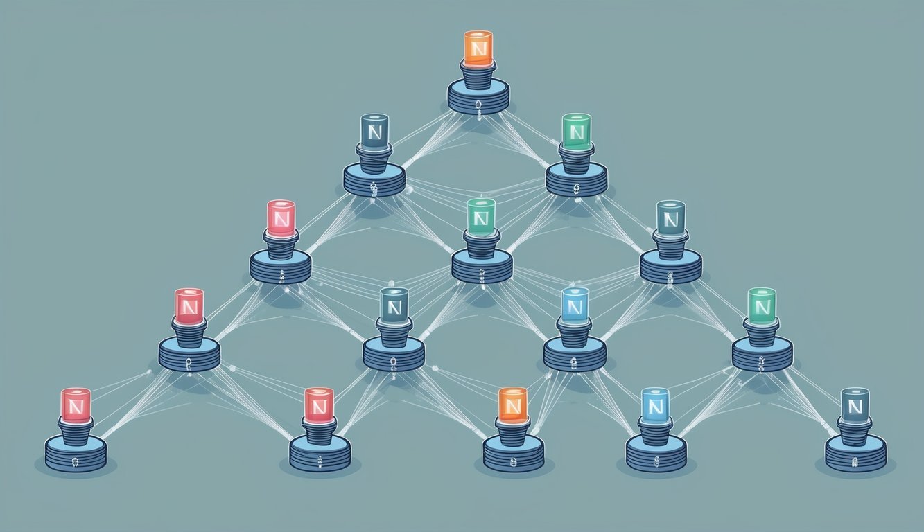 A network of interconnected nodes forming a hierarchical tree structure, with each node representing a cryptographic hash value