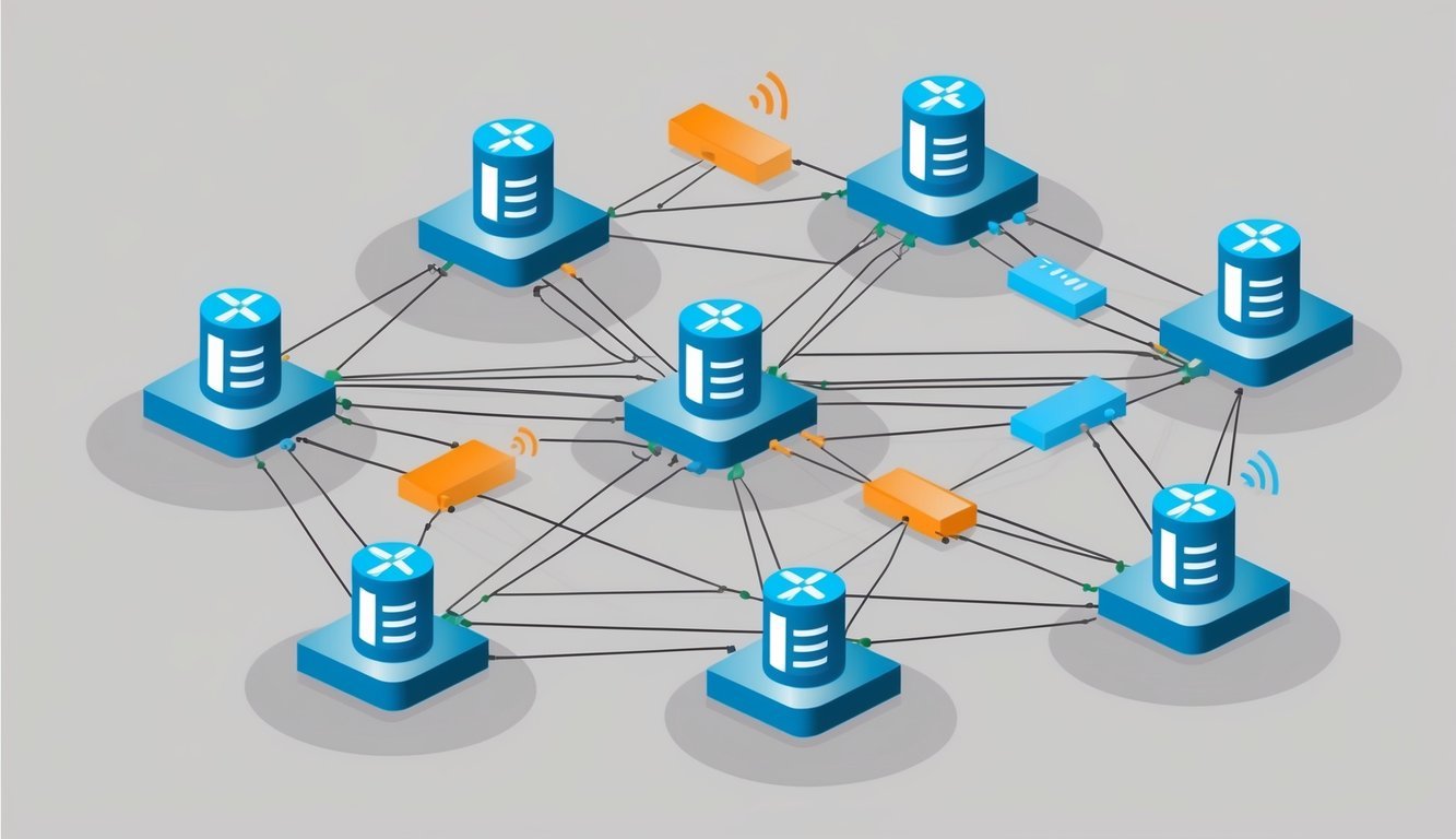 A group of interconnected nodes forming a network, each node sending and receiving information to ensure fault tolerance