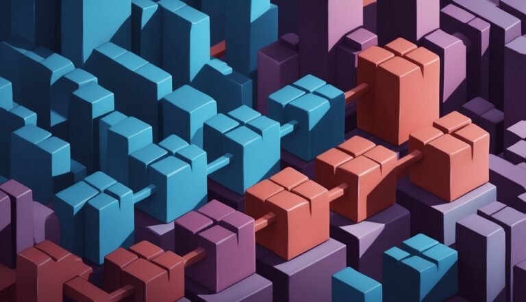 Abstract 3D illustration of colorful, interconnected cube-shaped blocks