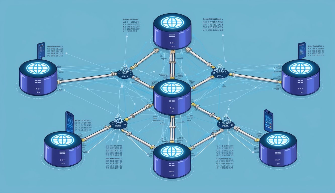 A network of interconnected nodes forming a Merkle tree, with data flowing through and cryptographic hashes being computed at each level for security and integrity