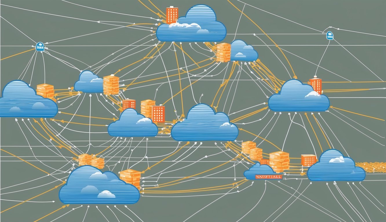 A network of interconnected pathways representing state channels, with transactions flowing between them