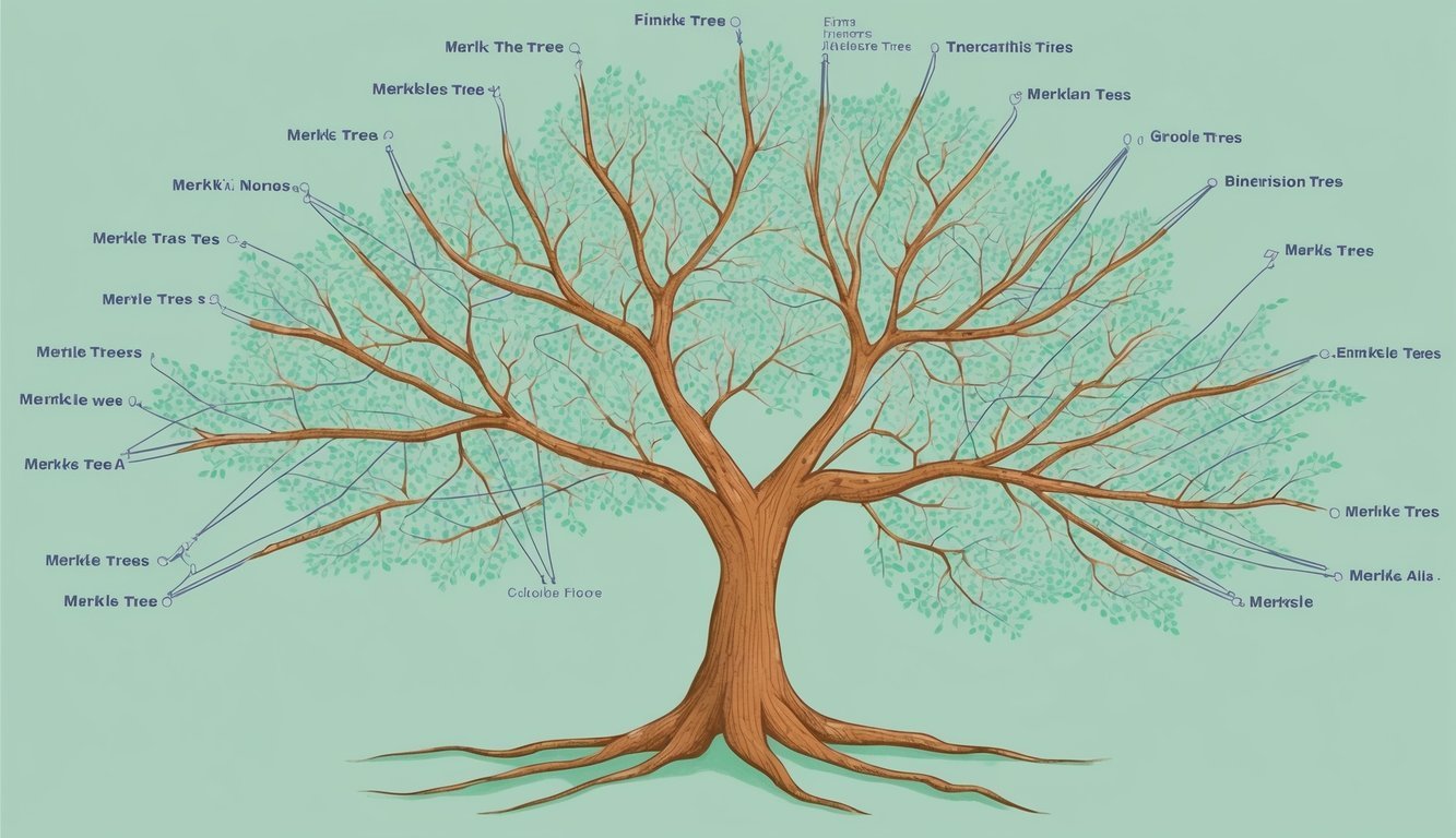 A branching tree with interconnected nodes, each labeled with a different question about Merkle trees