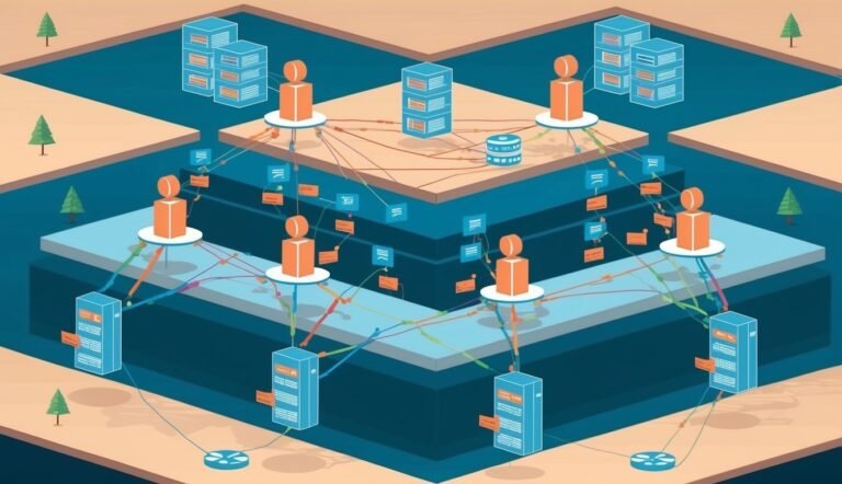 Isometric illustration of a network with servers, data, and connected figures