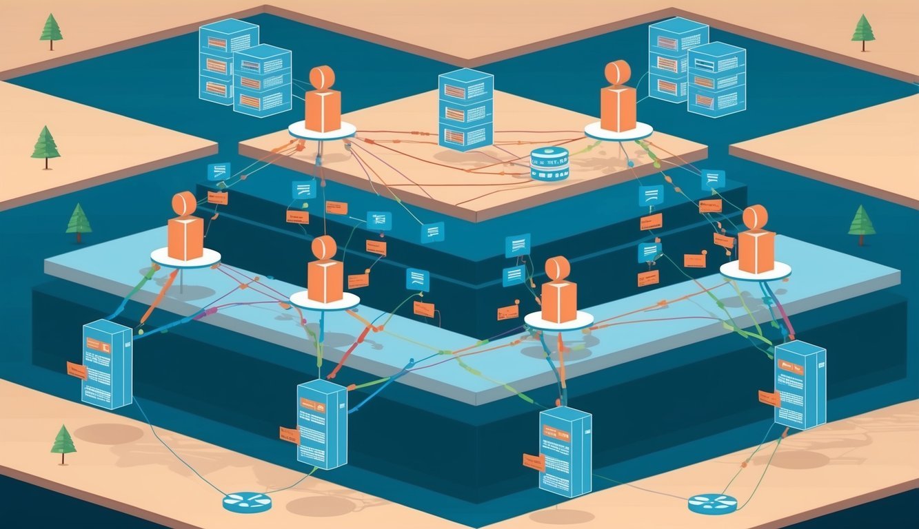 A network of interconnected nodes forming layers, with data packets moving between them