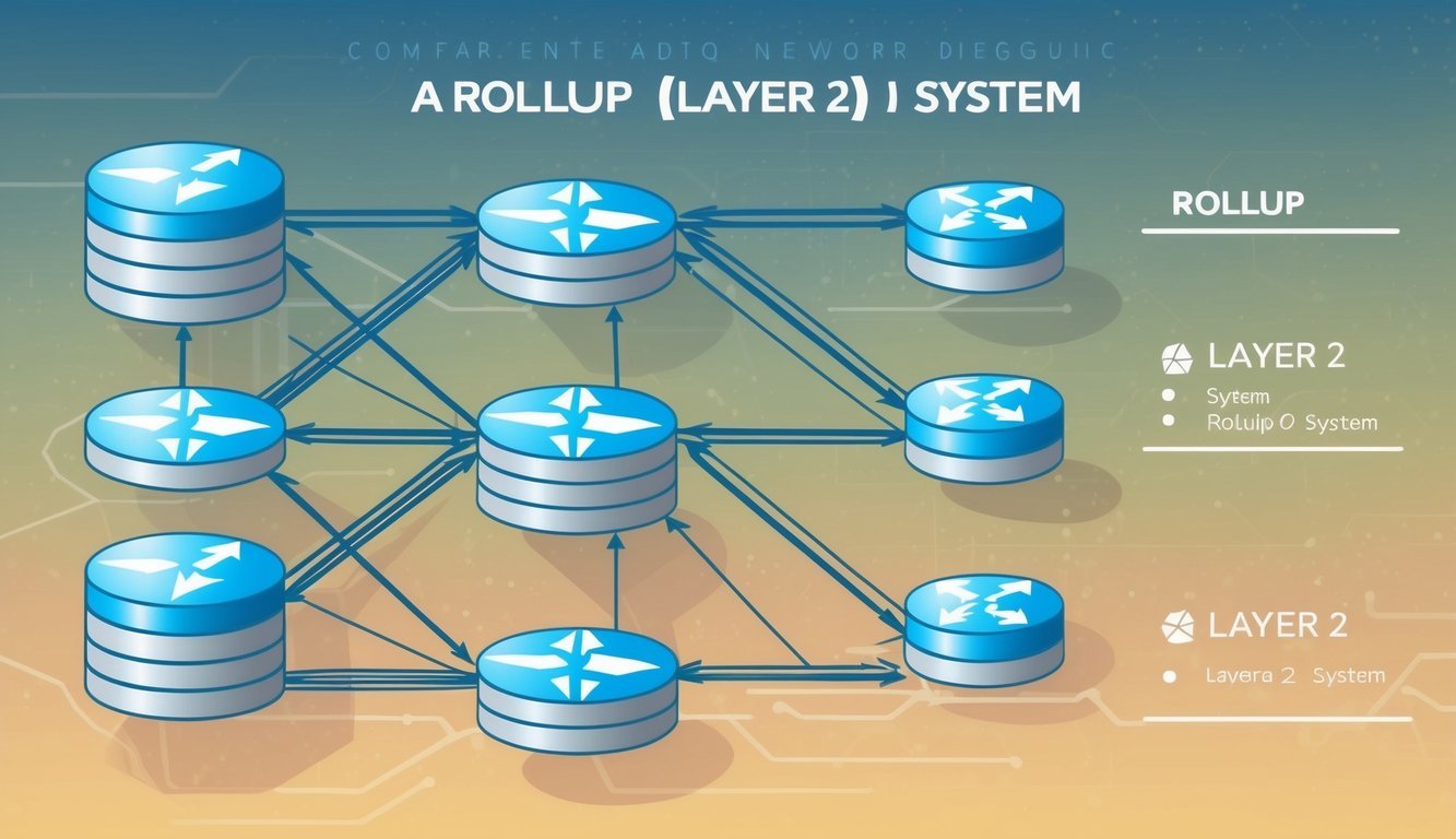 A network diagram showing interconnected layers of data representing a Rollup (Layer 2) system