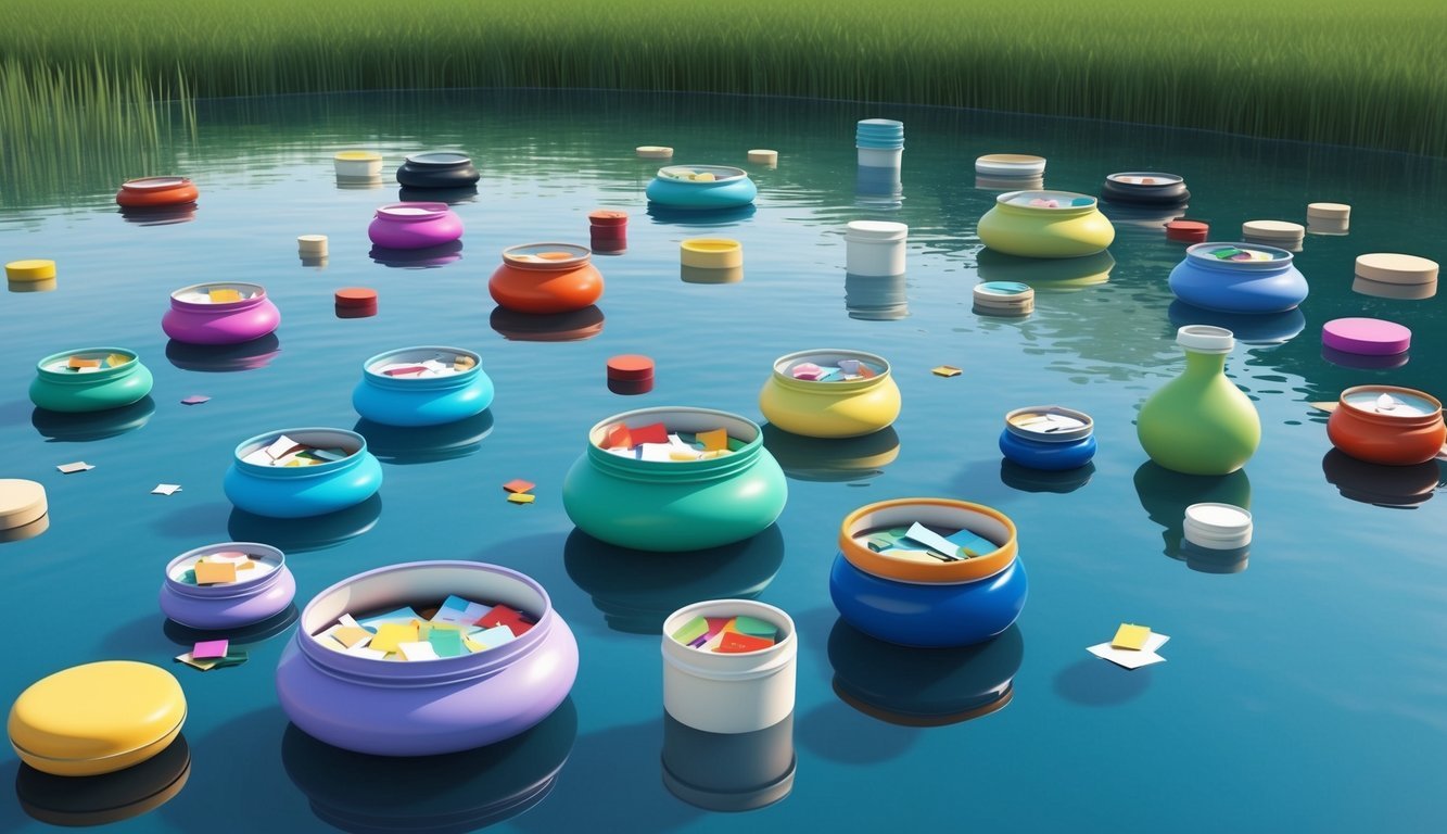 A pool of various sized and shaped containers filled with colorful memories floating on a serene, reflective surface