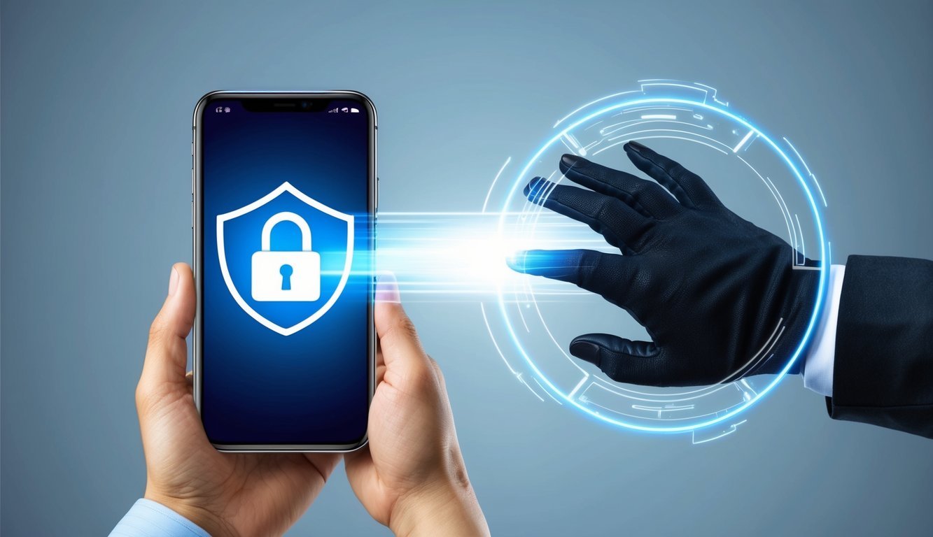 A smartphone with a secure lock icon surrounded by a shield, while a hacker's hand is being blocked by a force field