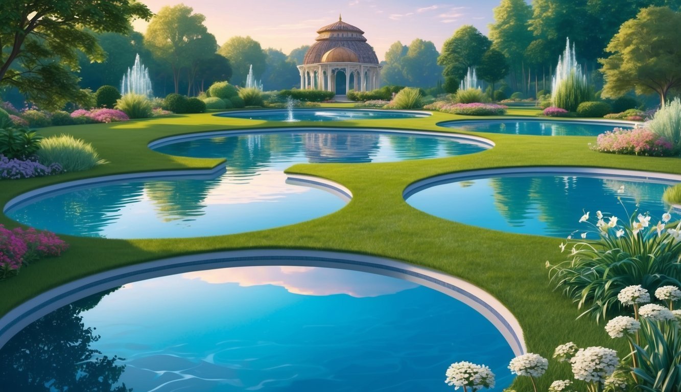 A serene garden with multiple interconnected pools of water, each reflecting a different context such as nature, technology, and art