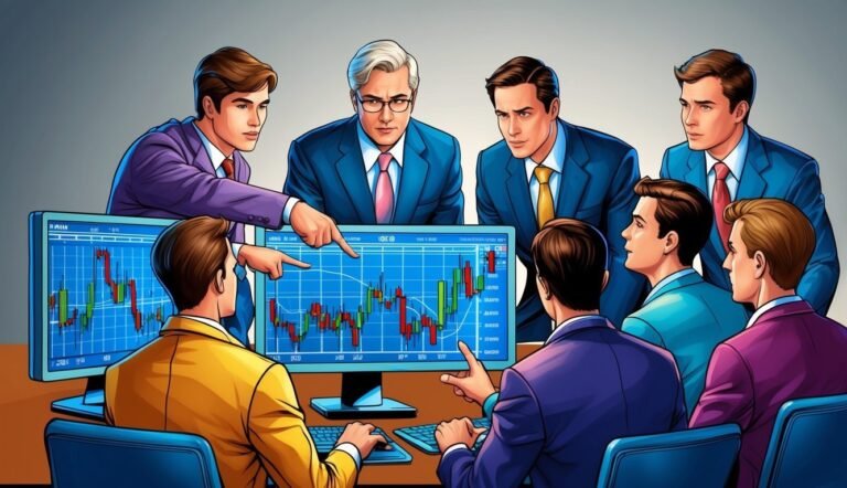 Businessmen in suits analyze stock charts on computer screens