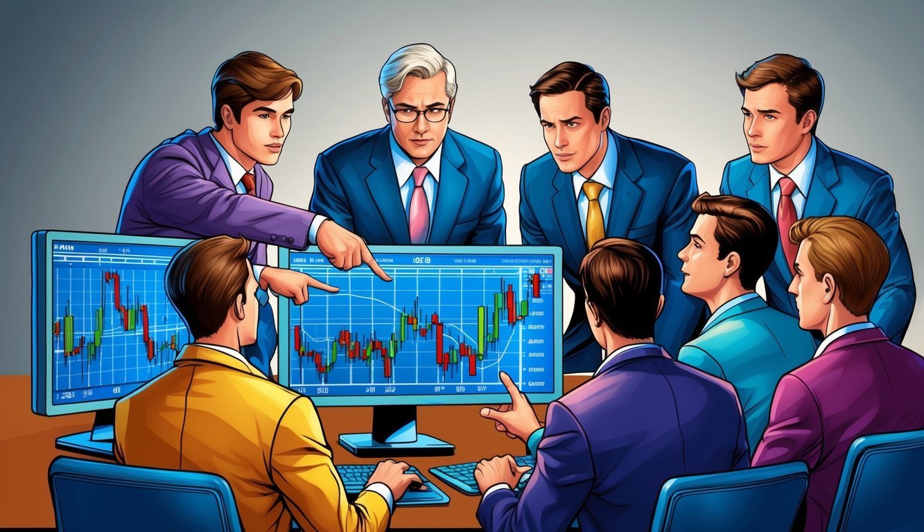 A group of investors gathered around a computer screen, watching stock prices fluctuate rapidly.</p><p>One person points out suspicious trading patterns to the others