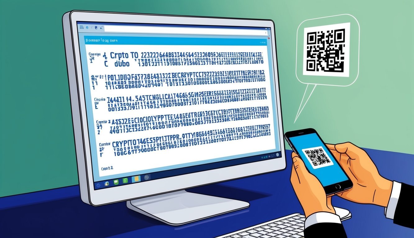 A computer screen displaying a series of alphanumeric characters representing a crypto address, with a person using a mobile device to scan a QR code