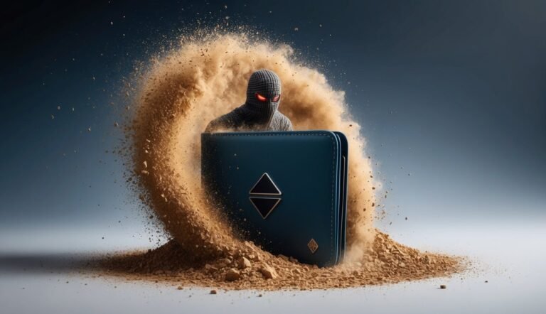 A masked figure emerges from sand, reaching for a blue wallet