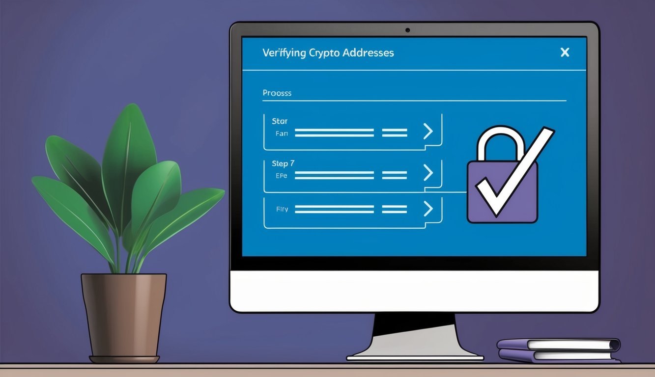 A computer screen displaying a step-by-step process for verifying crypto addresses, with a lock icon and a checkmark symbol