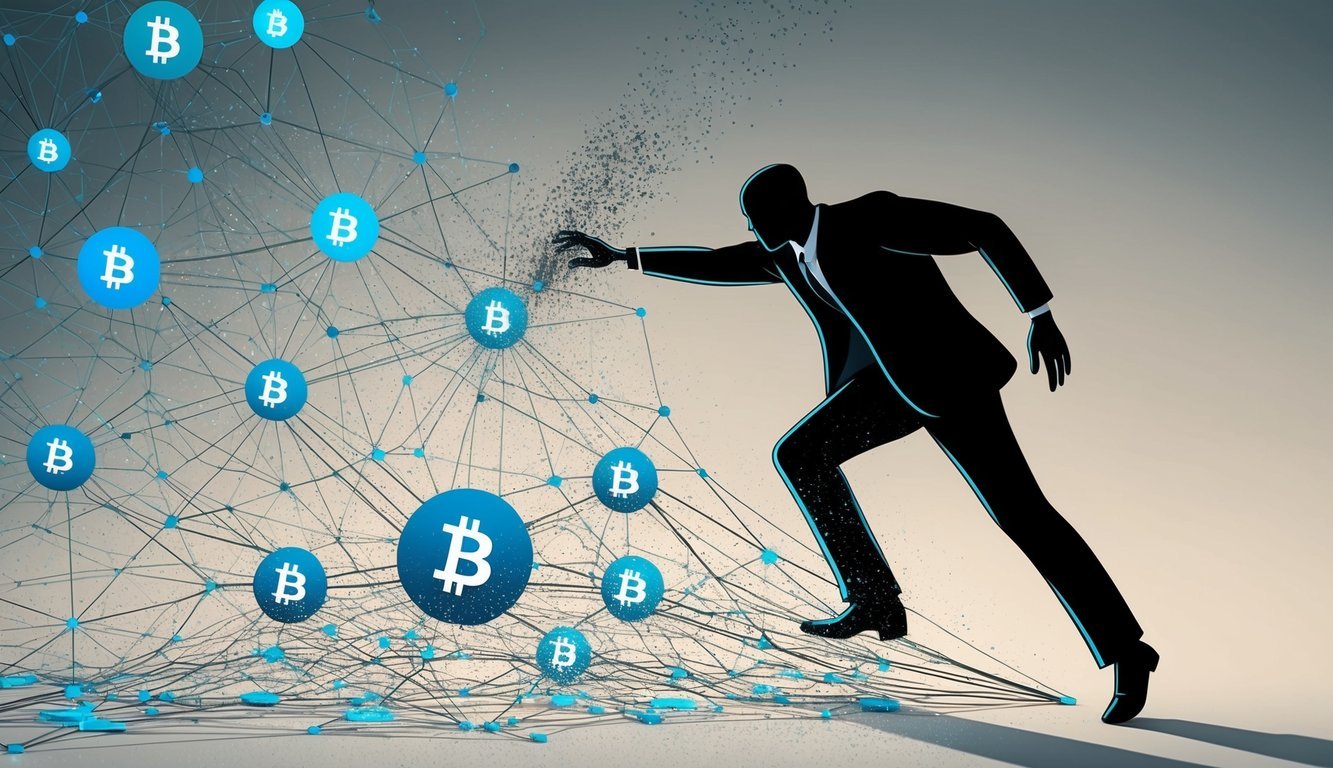 A shadowy figure hovers over a tangled web of interconnected digital currency transactions, sprinkling tiny particles of dust onto the network