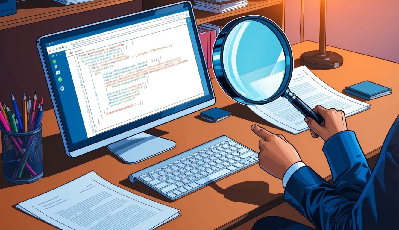 A desk with a computer, papers, and a magnifying glass.</p><p>An open smart contract code on the screen