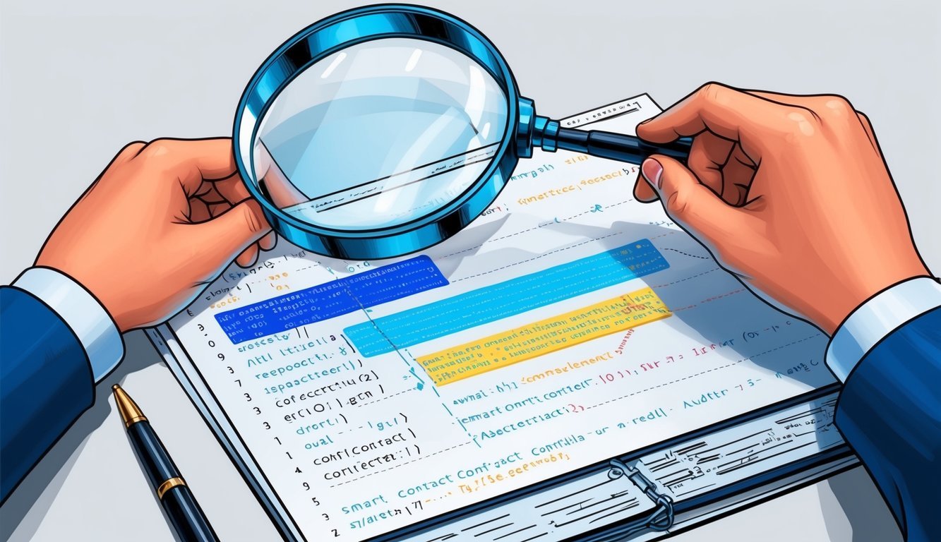 A smart contract being reviewed by an auditor, with a magnifying glass highlighting specific lines of code for closer inspection