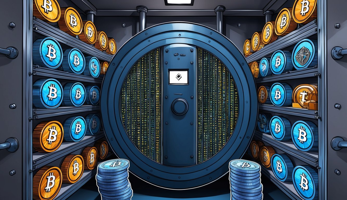 A secure vault with multiple layers of protection, including biometric scanners and reinforced steel walls, holding various forms of cryptocurrency