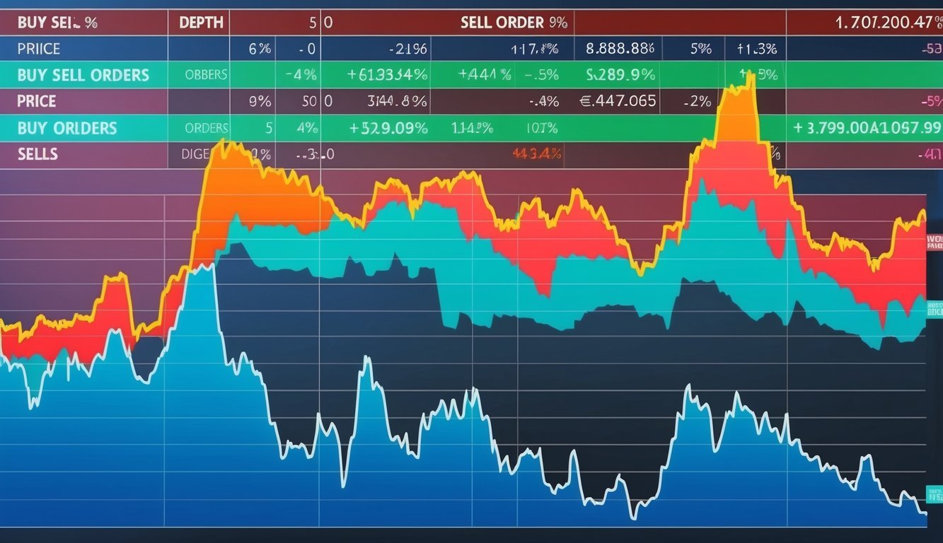 A stock market graph with multiple layers indicating the depth of buy and sell orders for different prices